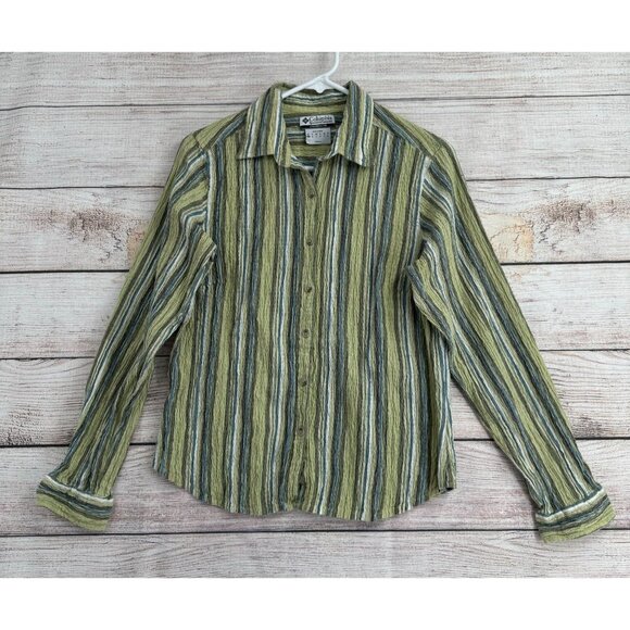 Columbia Crepe Crinkle Striped Button Down Blouse Women's Size M Green/Gray/Blue - Picture 1 of 11